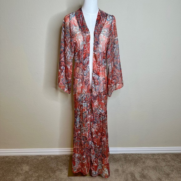 Anthropologie Sweaters - By Anthropologie Paisley Maxi Kimono Duster Metallic Sheer Red Blue One Size